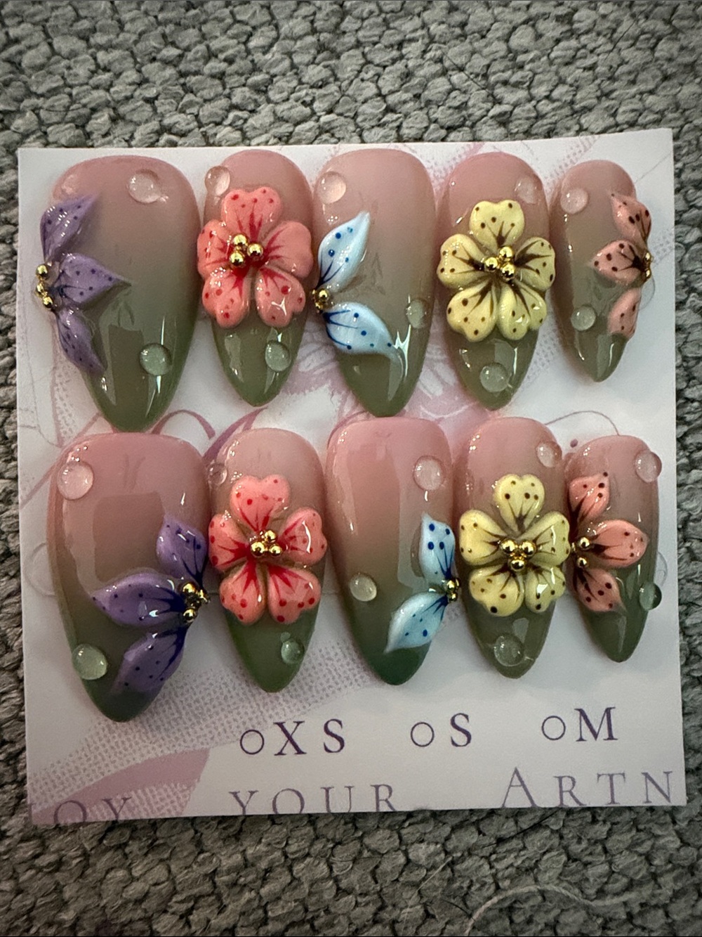 3D Floral handmade acrylic Press-On Nails in Olive Green and Blush Pink
